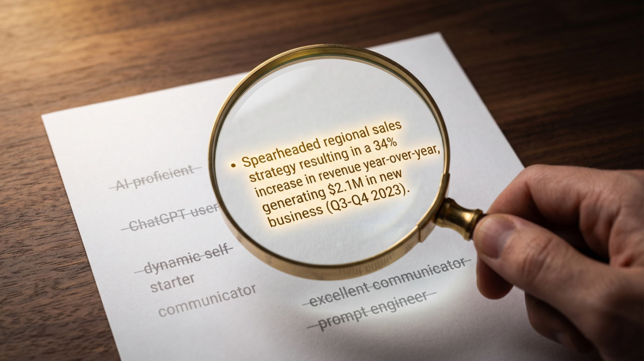 Magnifying glass looking at resume to see AI fluency